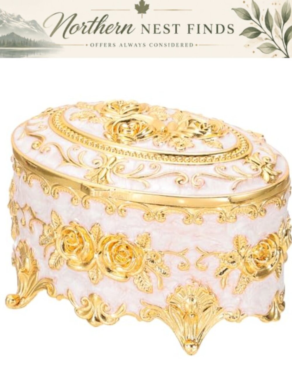 Vintage Metal Oval Jewelry Box Trinket Organizer for Rings Earrings